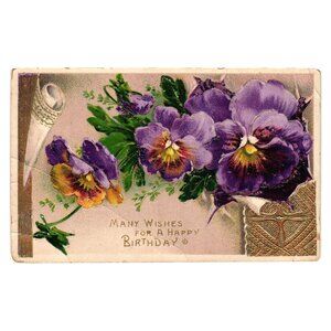 Vintage Germany Printed Birthday Postcard Purple Floral Embossed Design Posted